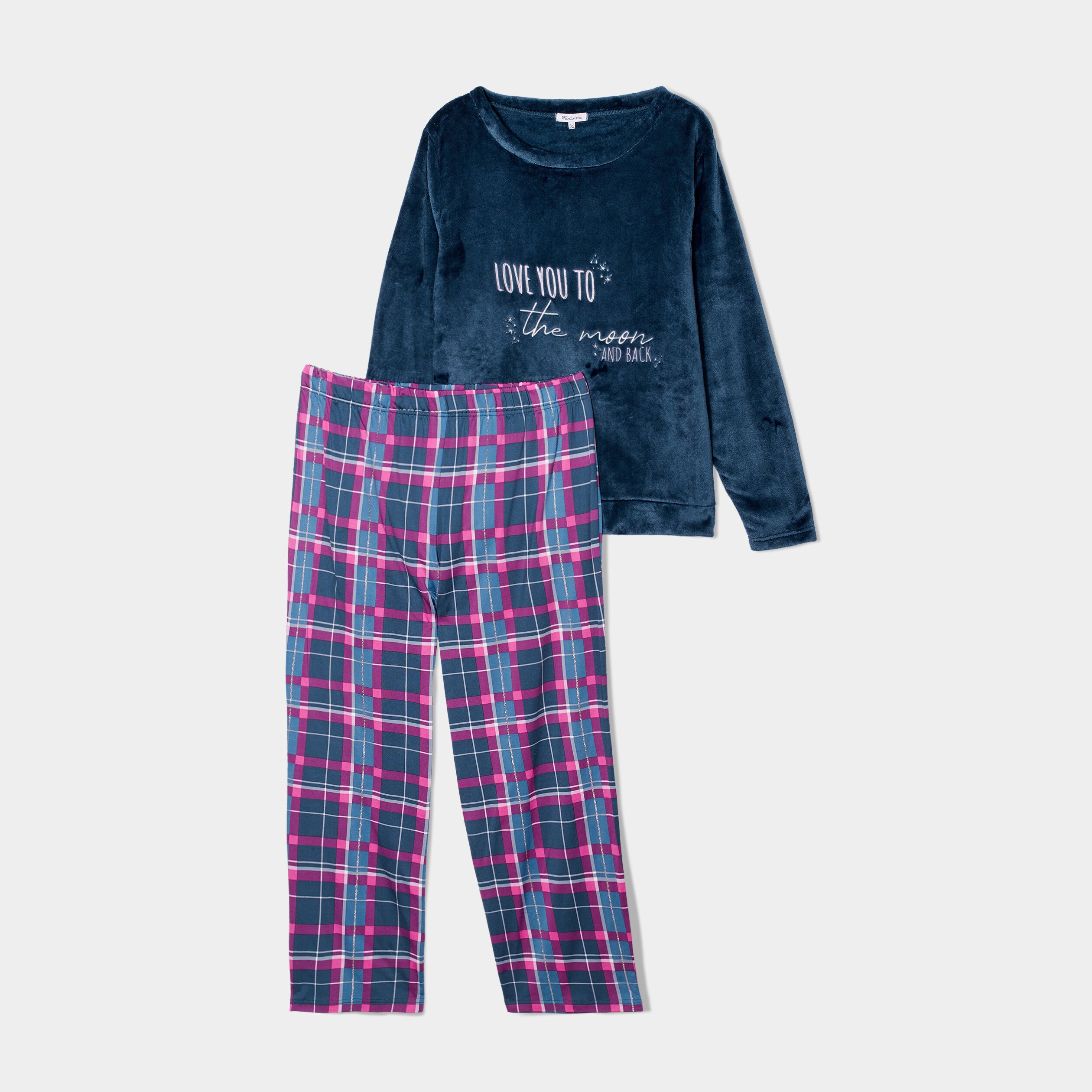 Ensemble pyjama pantalon haut velours bleu canard femme grande taille | La Halle