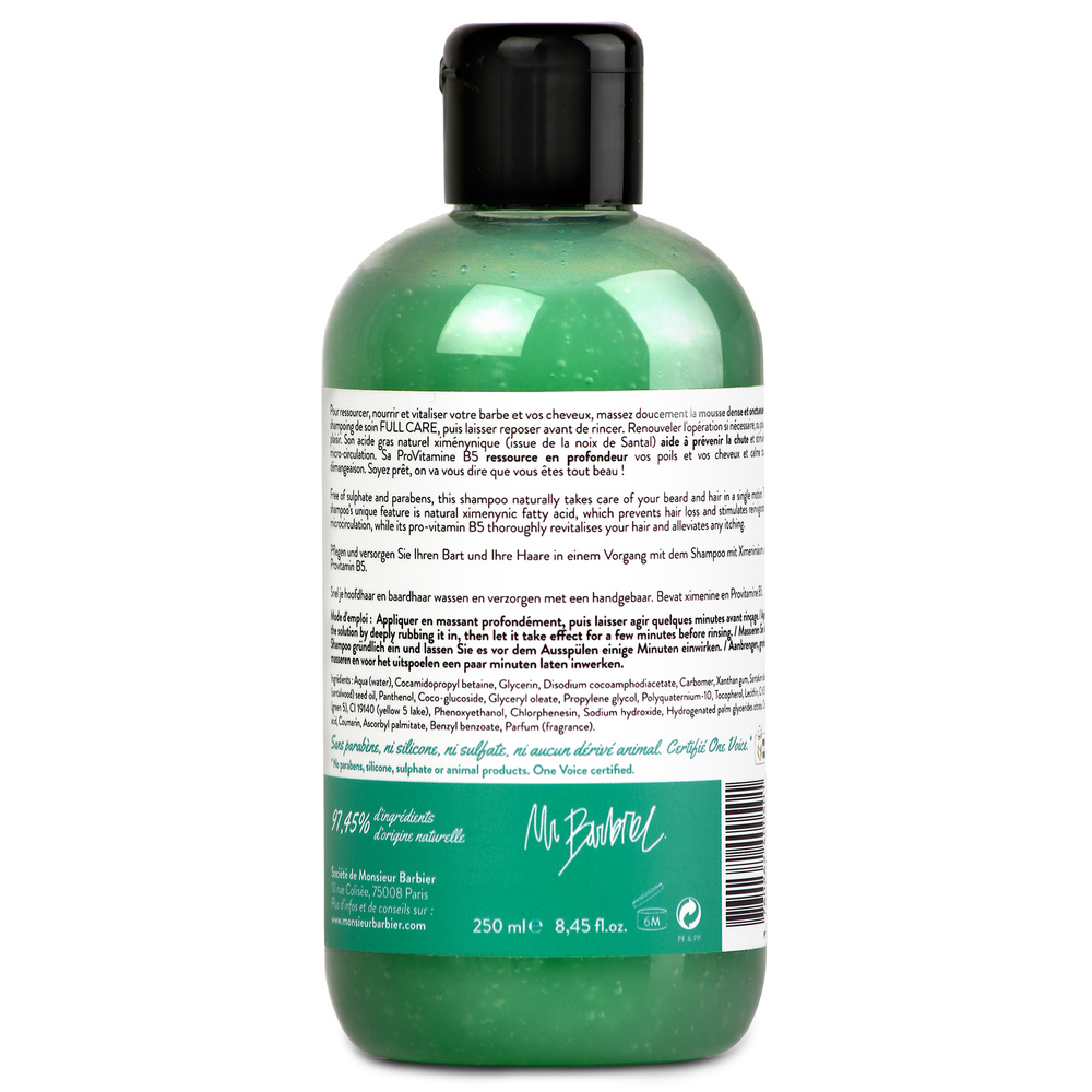 Monsieur Barbier Shampoing Homme Sans Sulfate - Full Care Shampooing de soin 2-en-1 Barbe et Cheveux pour Hommes