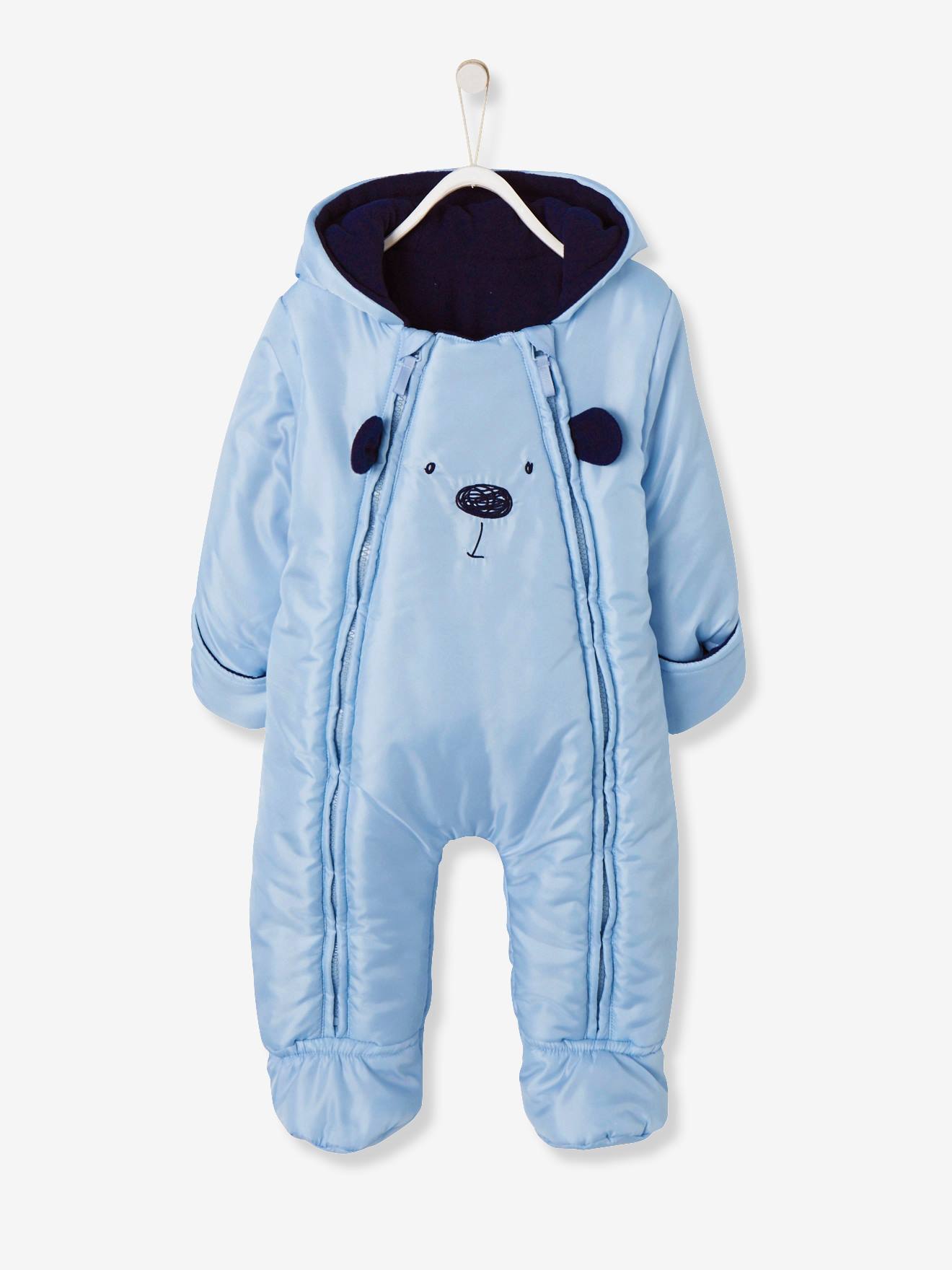 Combinaison-pilote bébé motif frimousse doublée et ouatinée bleu clair