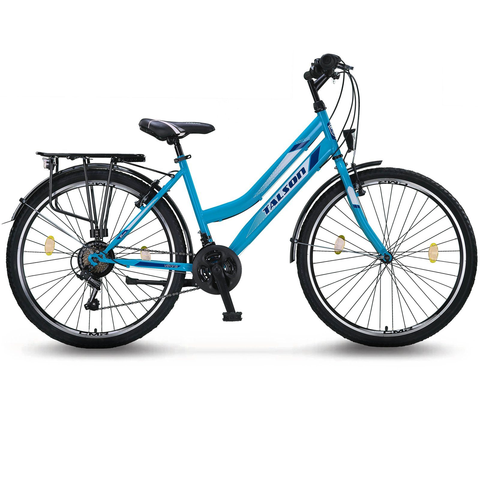 Talson Cityrad 26 Zoll Cityrad, 21 Gang Shimano, Kettenschaltung, mit Beleuchtung nach StVZO und Gepäckträger Türkis