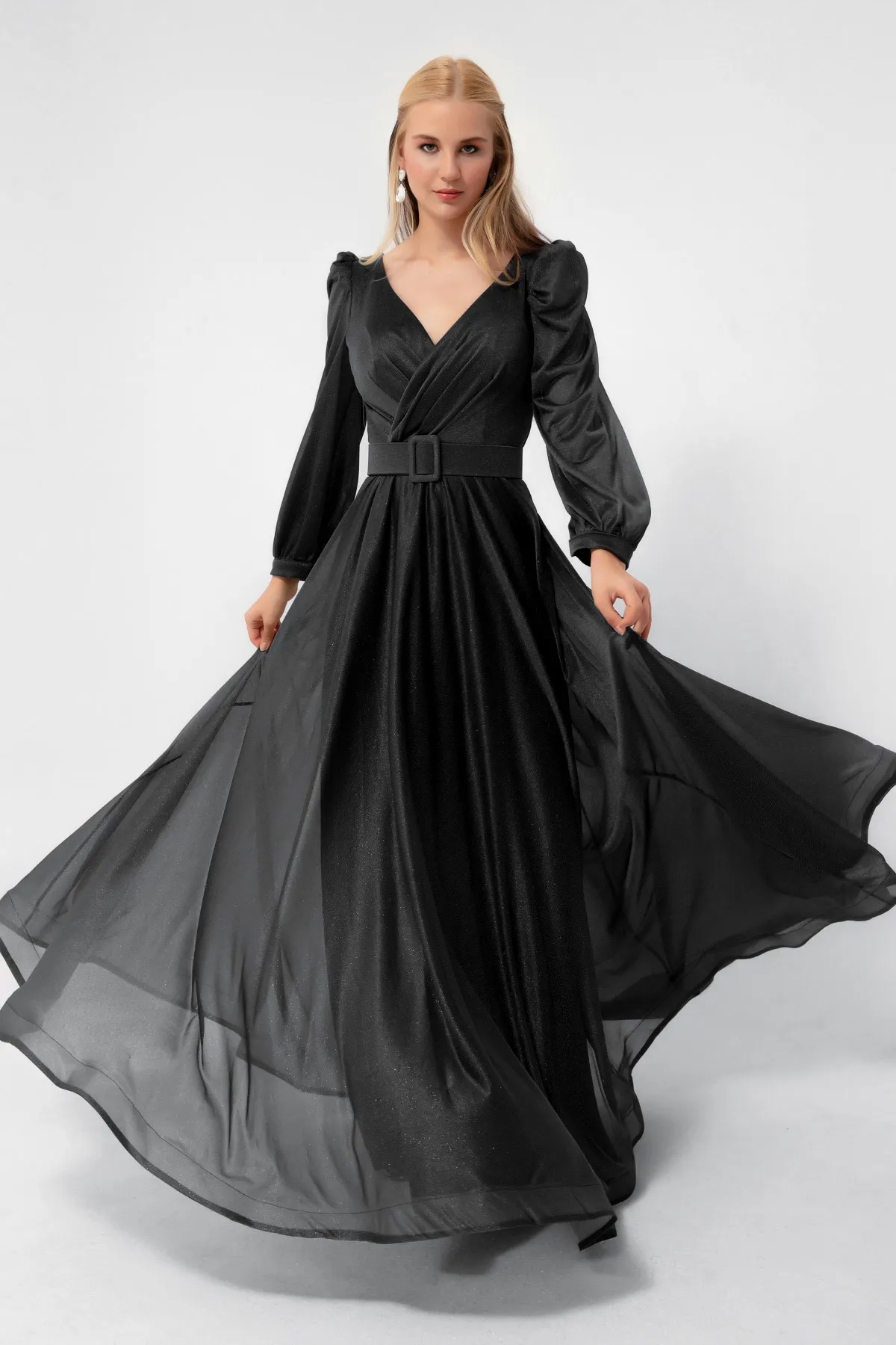 Lafaba  Schwarzes, zweireihiges, ausgestelltes Abendkleid für Damen mit silbernem Kragen