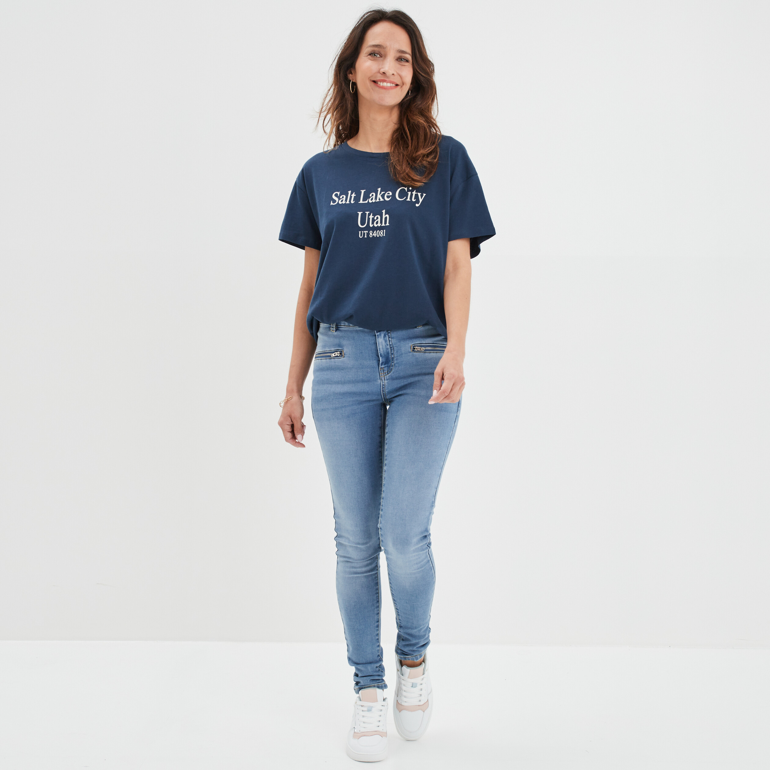 T-shirt col rond manches courtes coton bleu pétrole femme | La Halle