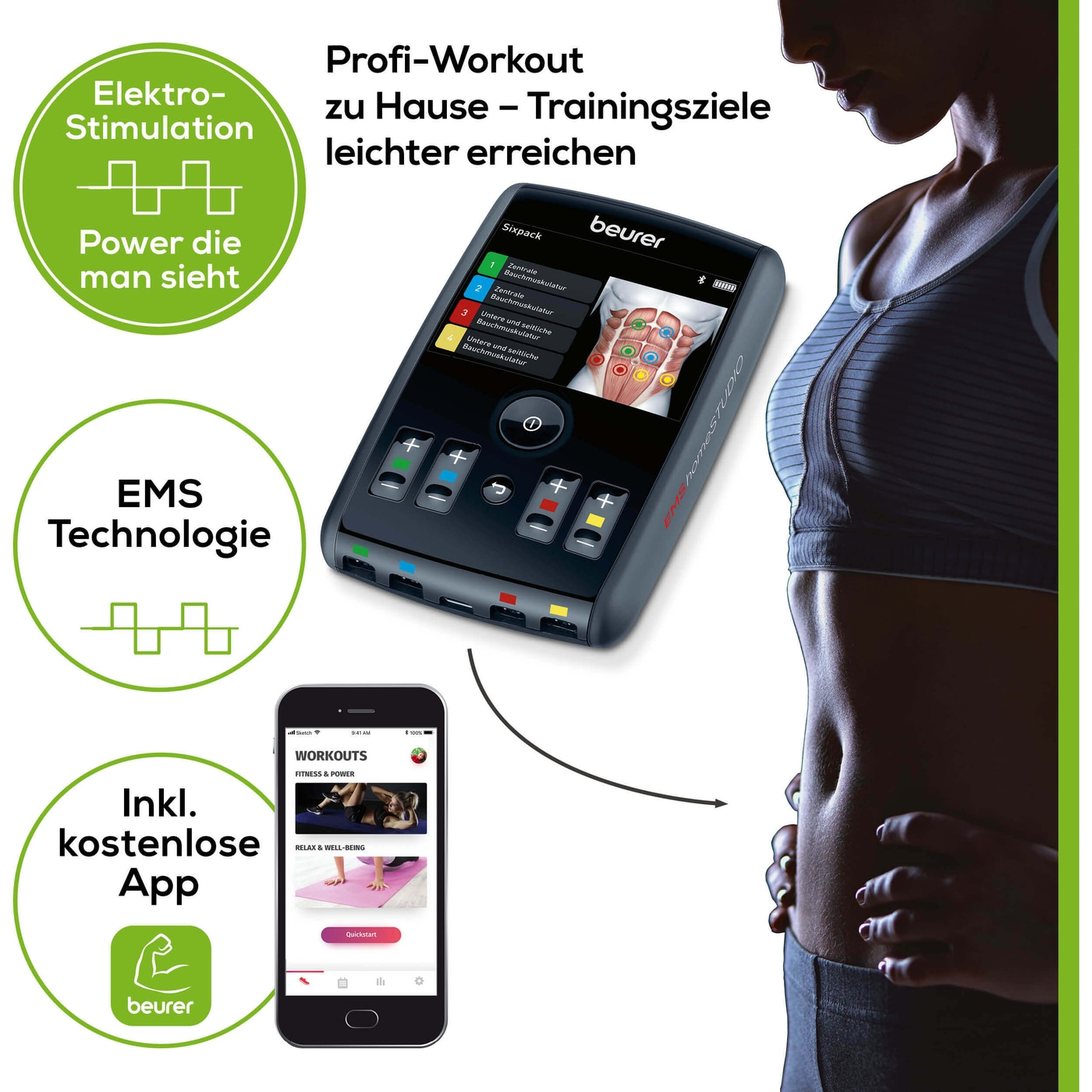 Beurer High End EMS-Gerät EM 95 <i>Bluetooth</i>®-High-End-EMS-Trainer mit Virtual Coach, 4 Manschetten & 8 Elektroden