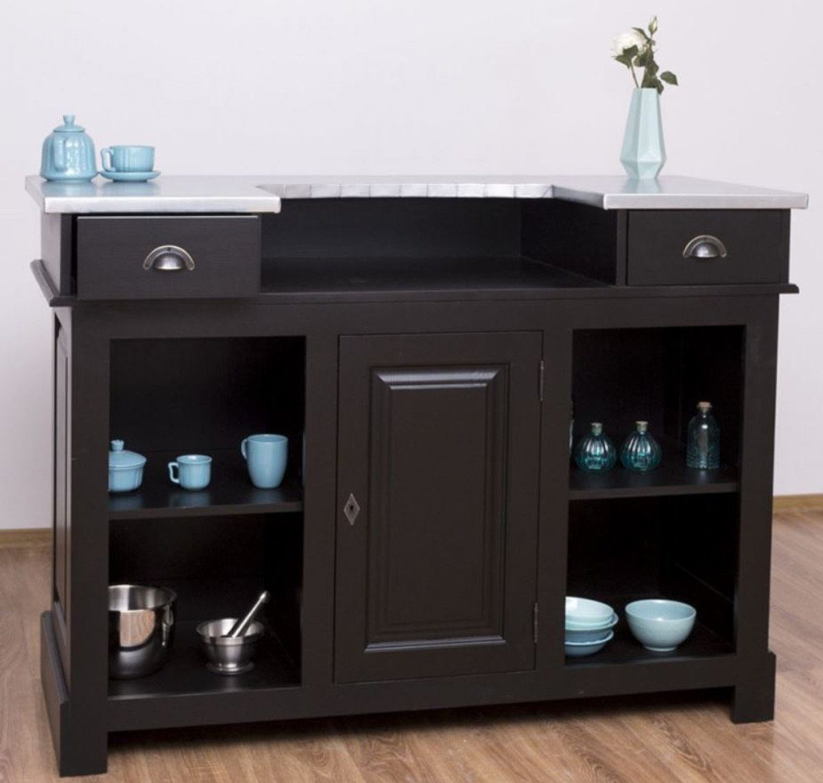 Casa Padrino Barschrank Landhausstil Theke Schwarz / Silber 160 x 65 x H. 107 cm - Massivholz Thekentisch mit verzinkter Tischplatte - Barmöbel im Landhausstil
