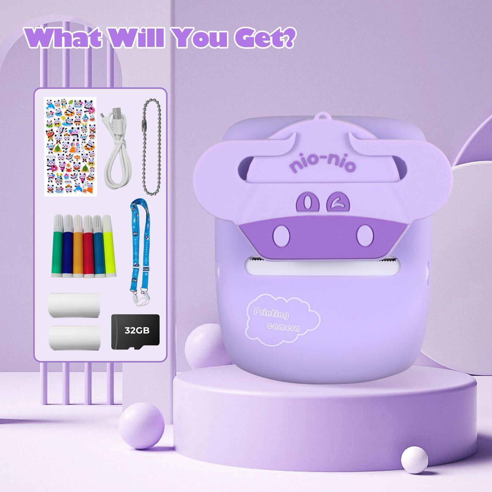 DOTMALL CD-P01B Kinderkamera (30 MP, 16x opt. Zoom, WLAN (Wi-Fi) Kinderkamera (inkl. 6 farbigen Pinselstiften + 2 Rollen Druckpapier + Aufkleber, Videoaufnahmen mit Ton in Full HD, 30 MP, 16x opt. Zoom, WLAN (Wi-Fi), Zusätzliche 32 GB SD-Speicherkart