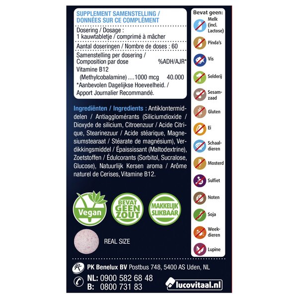 Comprimidos mastigáveis de vitamina B12 Lucovitaal 1000mcg, 60 unidades