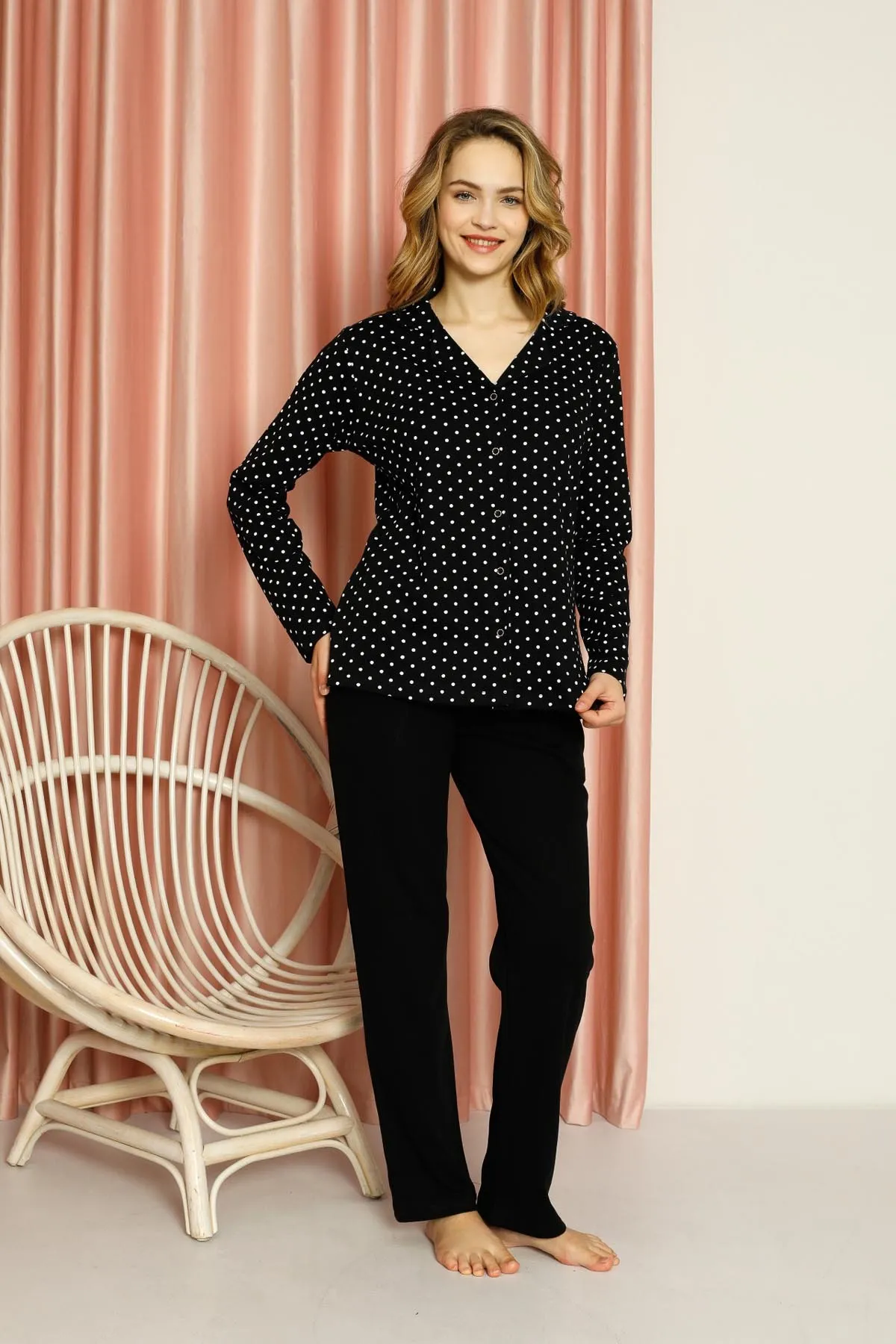 AHENGİM  Pyjama-Set für Damen, Interlock, gepunktet, durchgehend geknöpft, Baumwolle, saisonal, W20512278