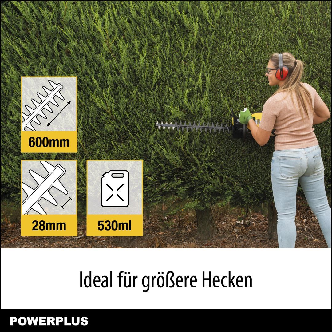 VARO Powerplus Benzin-Heckenschere POWXG2018 - Heckenschere mit 25,4 cc, 640 mm Klinge und 28 mm Abstand, Gartengeräte, Gartenschere zum Schneiden von Sträuchern, Hecken und Pflanzen