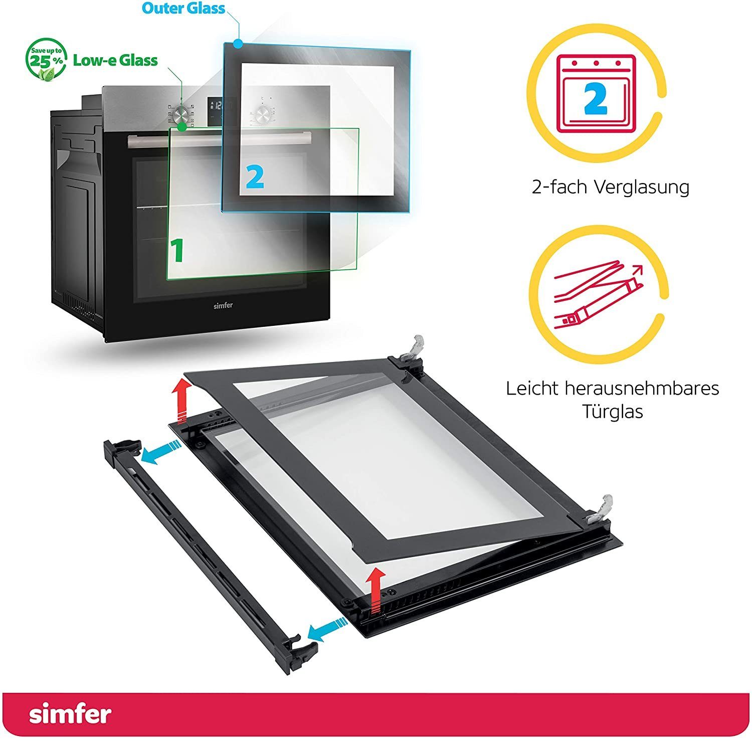 Simfer Einbaubackofen SMF-BO 6029, 60 Liter, 7 Funktionen, 60 cm, 2-fach Verglasung, mit Teleskopauszug nachrüstbar, Digitaler Timer mit Touch Control, Seitengitter, Emaillierter Garraum