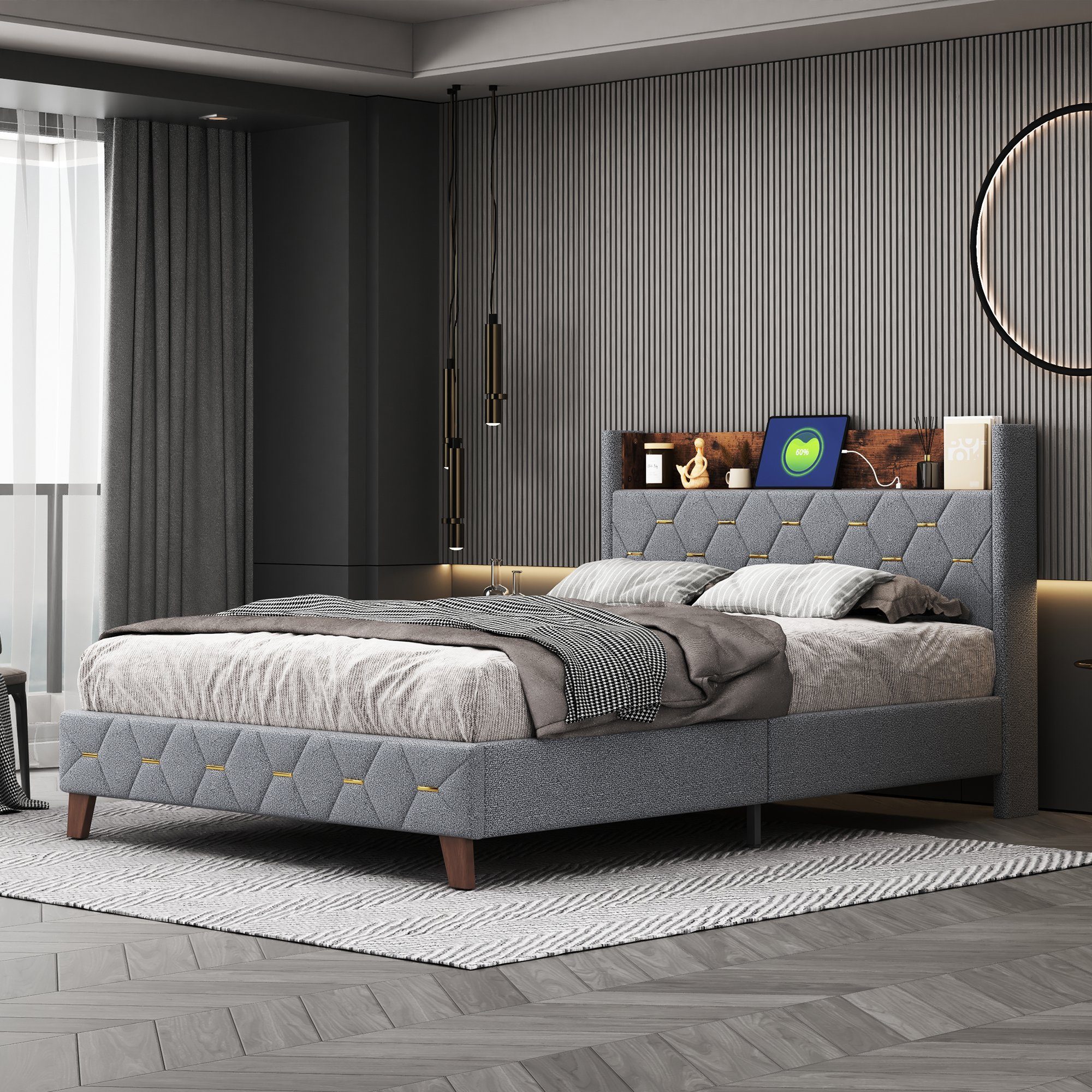 OKWISH Polsterbett Doppelbett Stauraumbett Funktionsbett Gästebett (Flachbett-Doppel-Gästebett in hautfreundlichem Kardamom-Samt 140 x 200 cm, Stauraum am Kopfteil mit USB-Anschluss), ohne Matratze