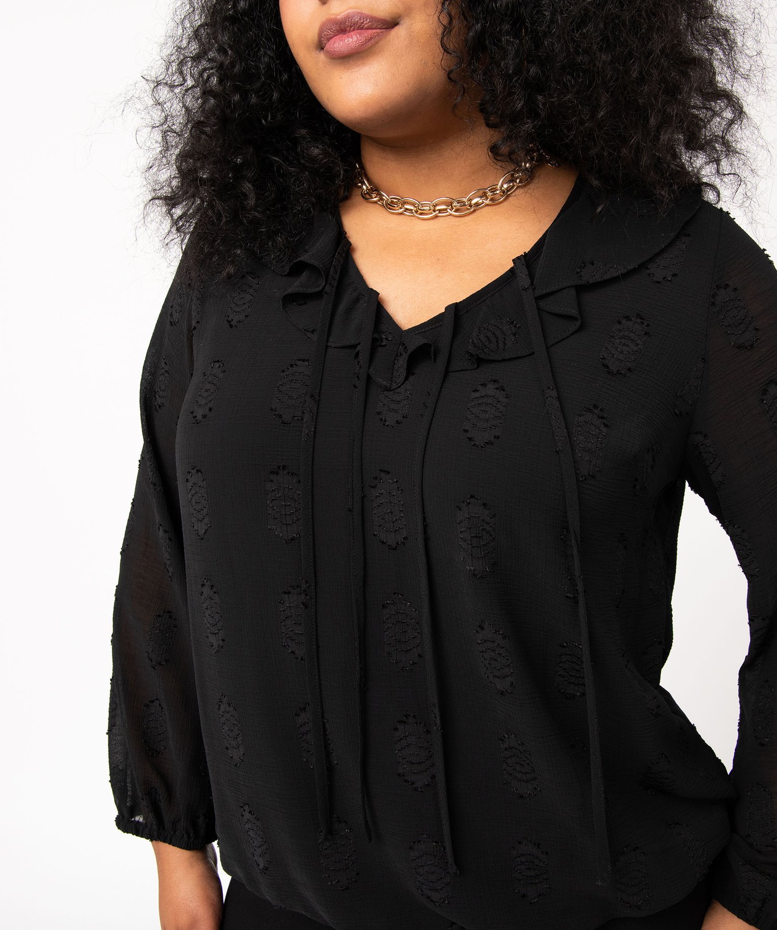 Blouse à manches longues avec col à volant femme grande ta... noir | GEMO