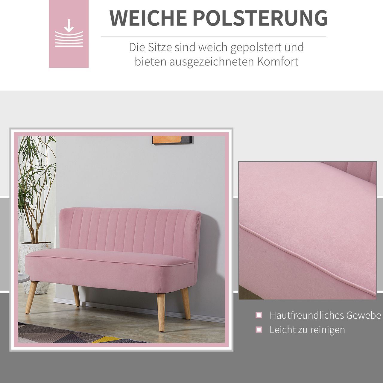 HOMCOM 2-Sitzer Stoffsofa Polstersofa Sitzmöbel Loungesofa Rosa 117 x 56,5 x 77 cm