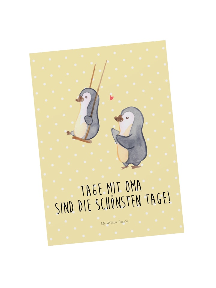 Mr. & Mrs. Panda Postkarte Pinguin Oma schaukeln mit Spruch in Gelb Pastell günstig kaufen onesize