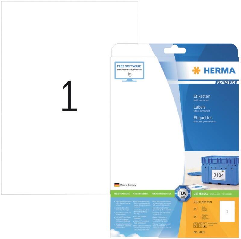 HERMA Universaletiketten 5065 Weiß DIN A4 210 x 297 mm 25 Blatt à 1 Etiketten
