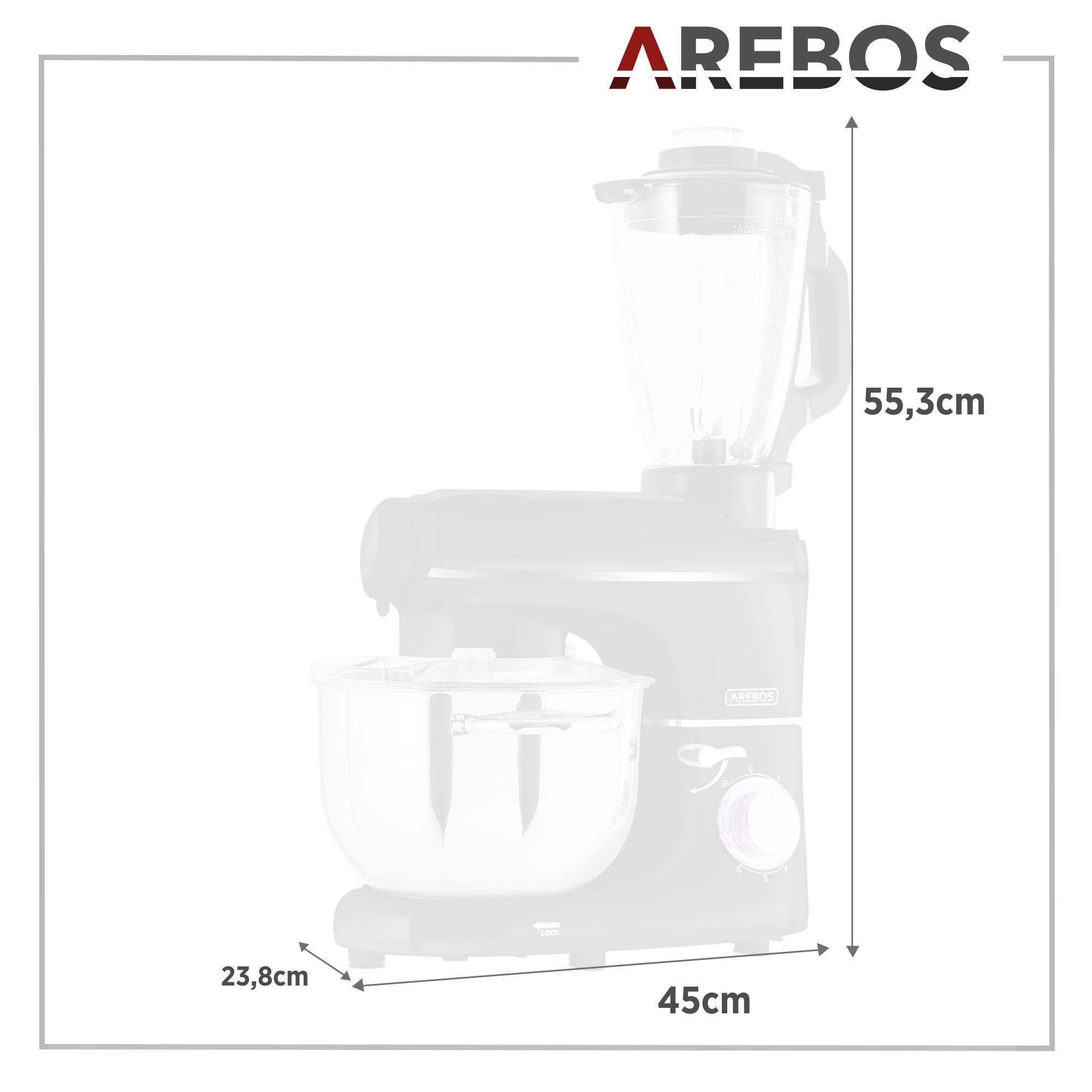Arebos Küchenmaschine Fleischwolf, Nudelmaschine, Edelstahl-Schüssel, 1500 W, 5,50 l Schüssel, 3in1