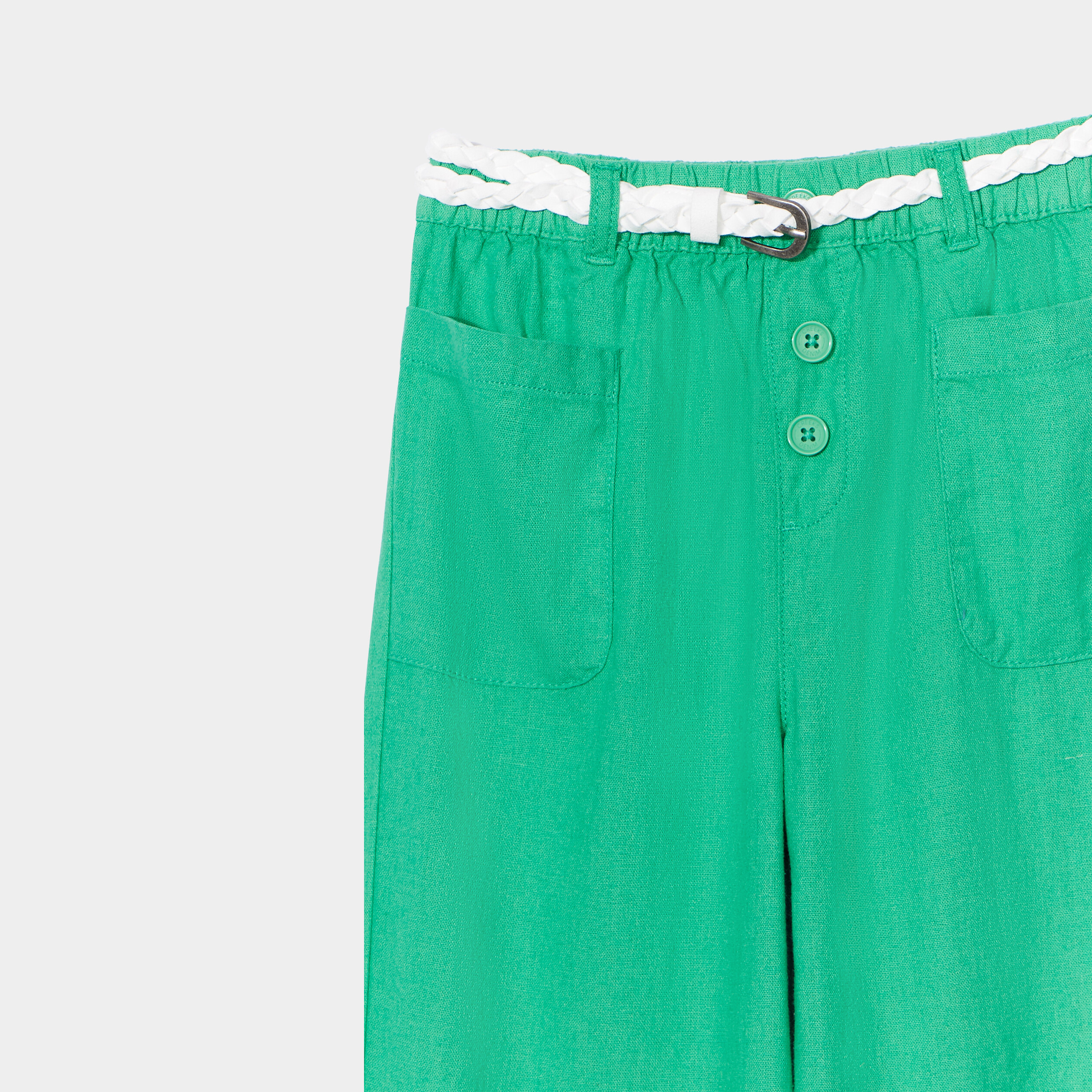 Pantalon large fluide ceinturé en lin vert fille | La Halle