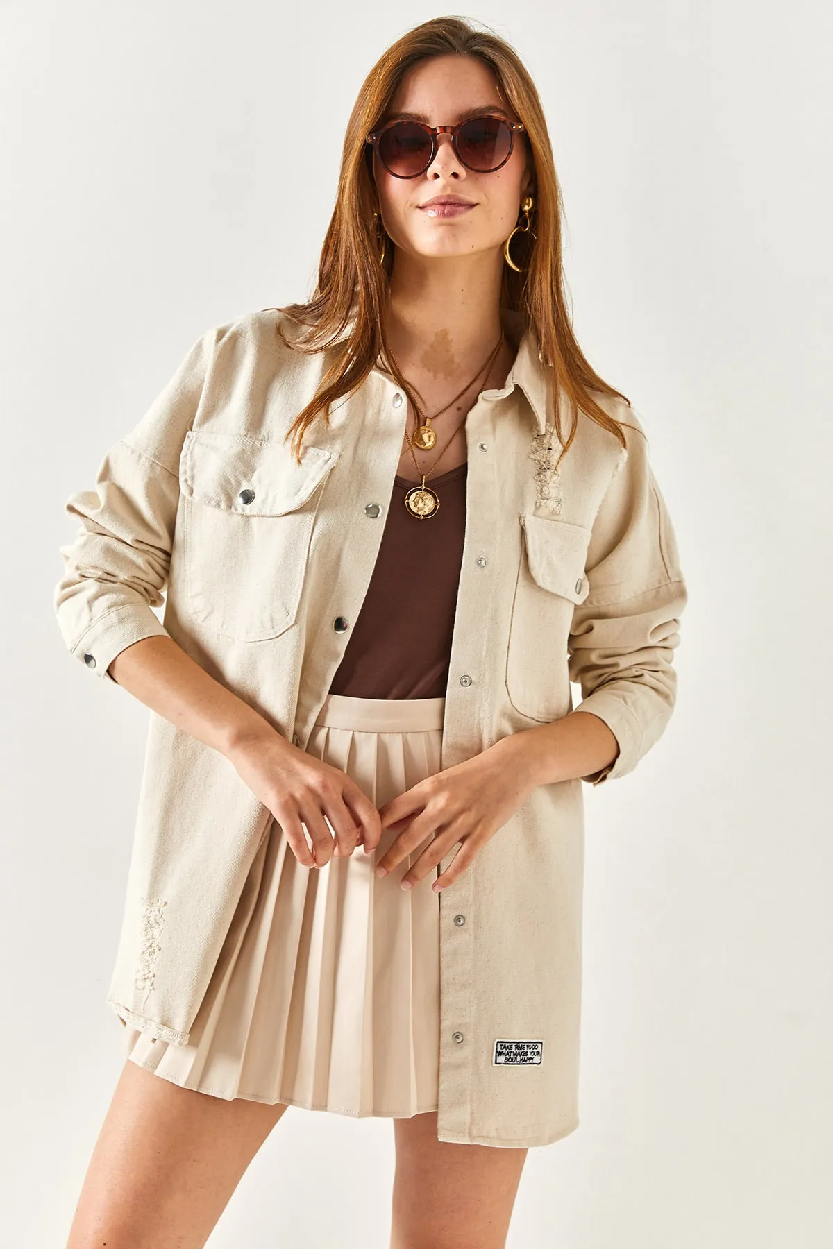 Olalook  Dickes Damenhemd mit abtrennbarem Stein und Patch-Detail CKT-19000169