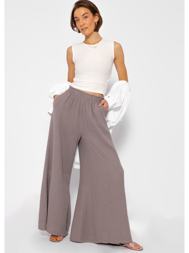 SASSYCLASSY Musselin Pants mit weitem Bein in Taupe günstig kaufen