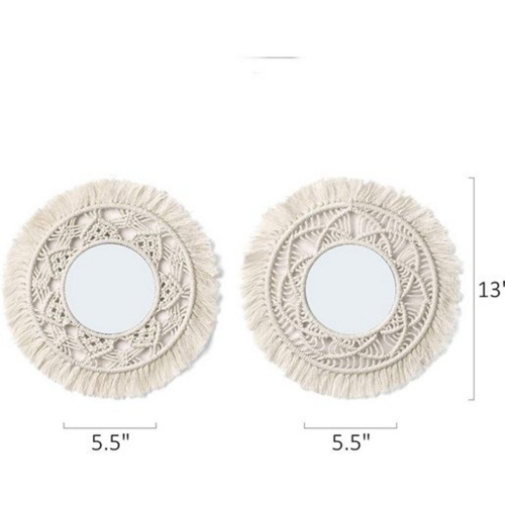 Wandteppich Wandspiegel mit Makramee-Rand 2er-Set dekorative Boho-antike Spiegel, EBUY