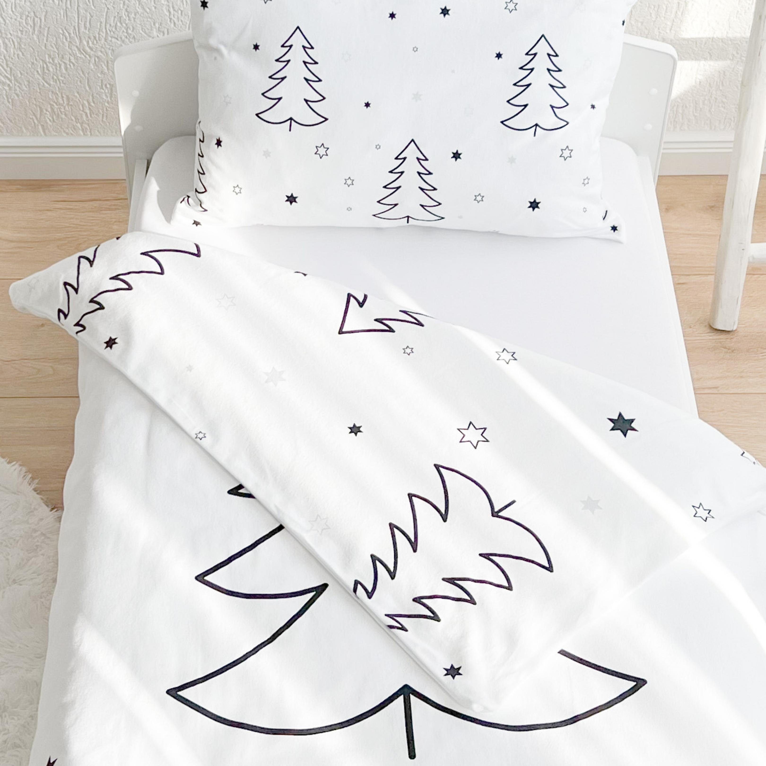 Bettwäsche Weihnachten Winterzauber, Tannenbaum und Sterne, Flanell, MTOnlinehandel, Biber, 2 teilig, 100% Baumwolle in Biber, 80x80 + 135x200 cm