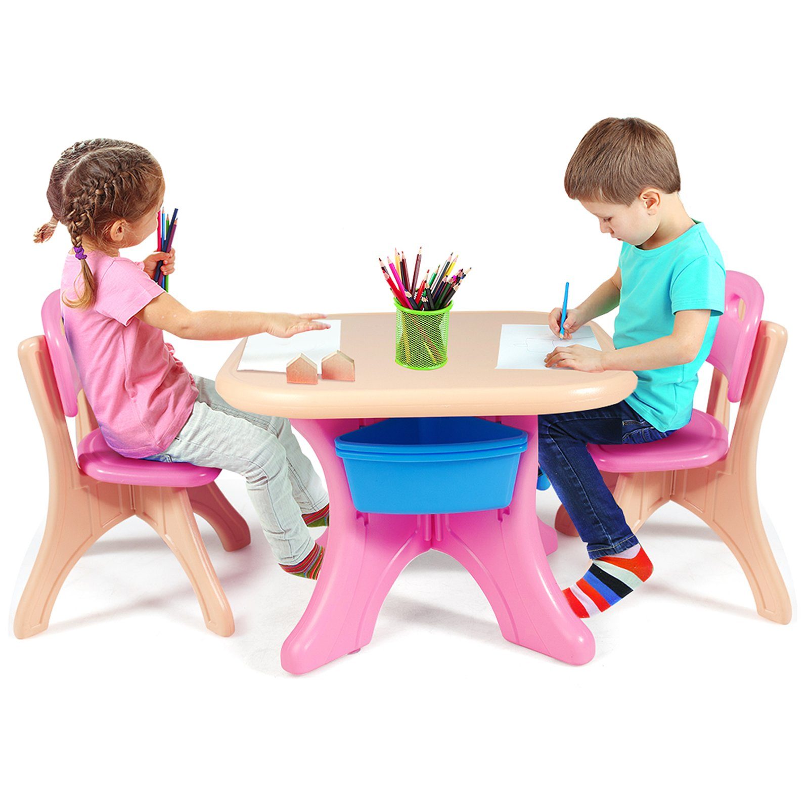 COSTWAY Kindersitzgruppe, mit 2 Stühlen&Kindertisch, mit Stauraum, Kunststoff