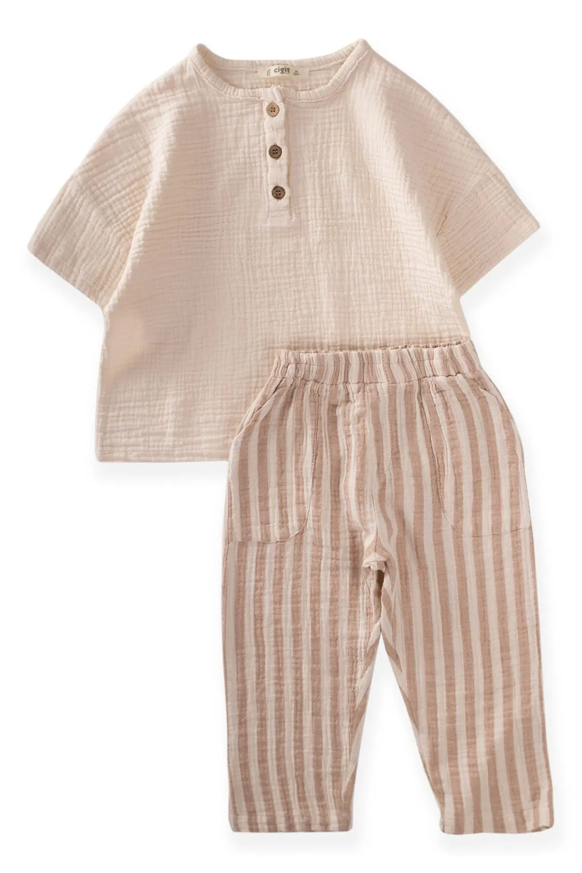 Cigit  Bohemian-Hemd, Harlem-Hose, Anzug, Alter 2–8, Creme/Braun