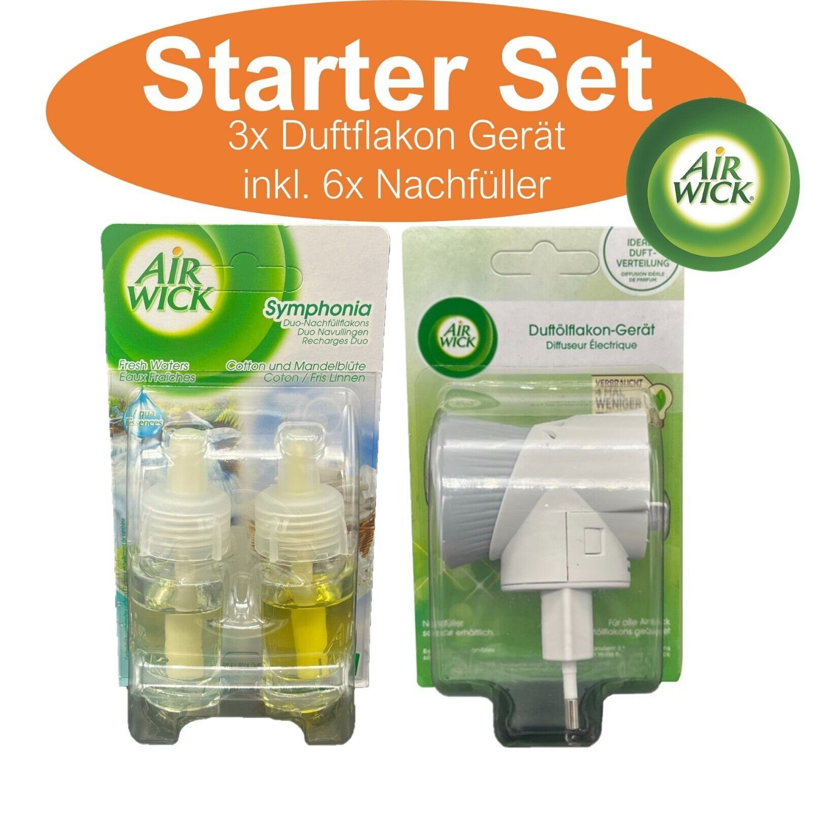 Air Wick Raumduft Duftölflakon mit Duftgerät Nachfüller Duftstecker Raumduft Duftöl (inkl. 6x Nachfüller, 3-St., 3x Duftlakon Gerät), Auslaufsicher, Geruchsbeseitiger, Luftverbesserer