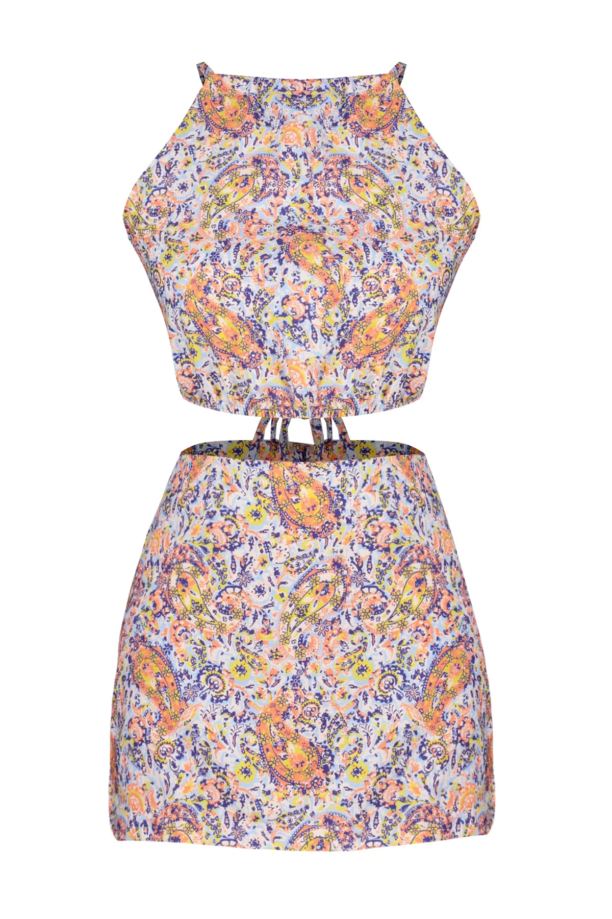Trendyol Collection  Blaue Neckholder-Bluse und Mini-Shorts-Rock, gemustertes gewebtes Bottom-Top-Set TWOSS22AU00005