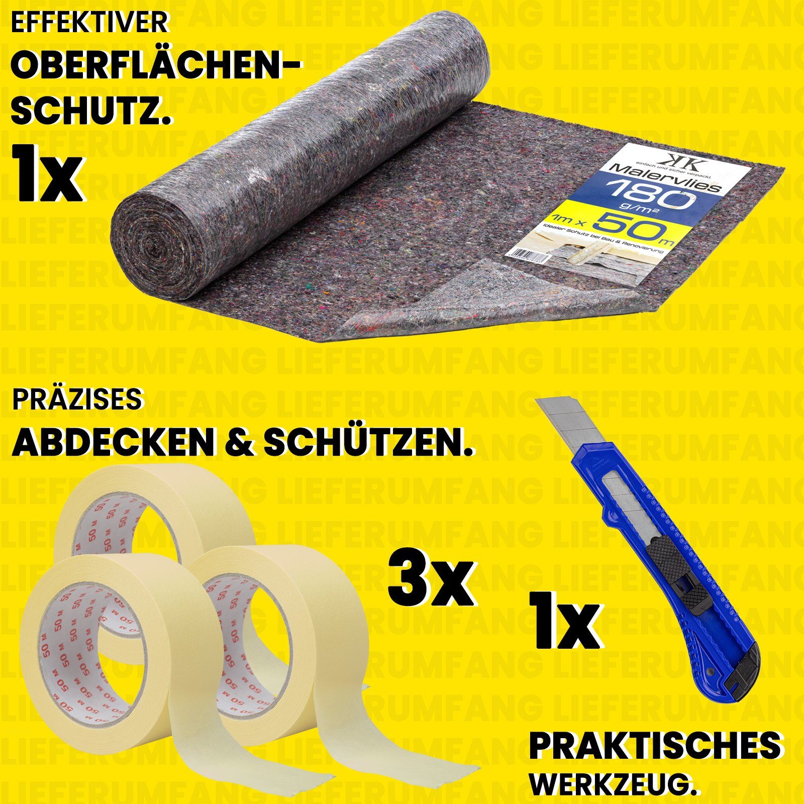 KK Verpackungen Bodenschutzvlies, (Spar-Set), Set Malervlies 50m Kreppband 30mm x 50m Cuttermesser 18mm