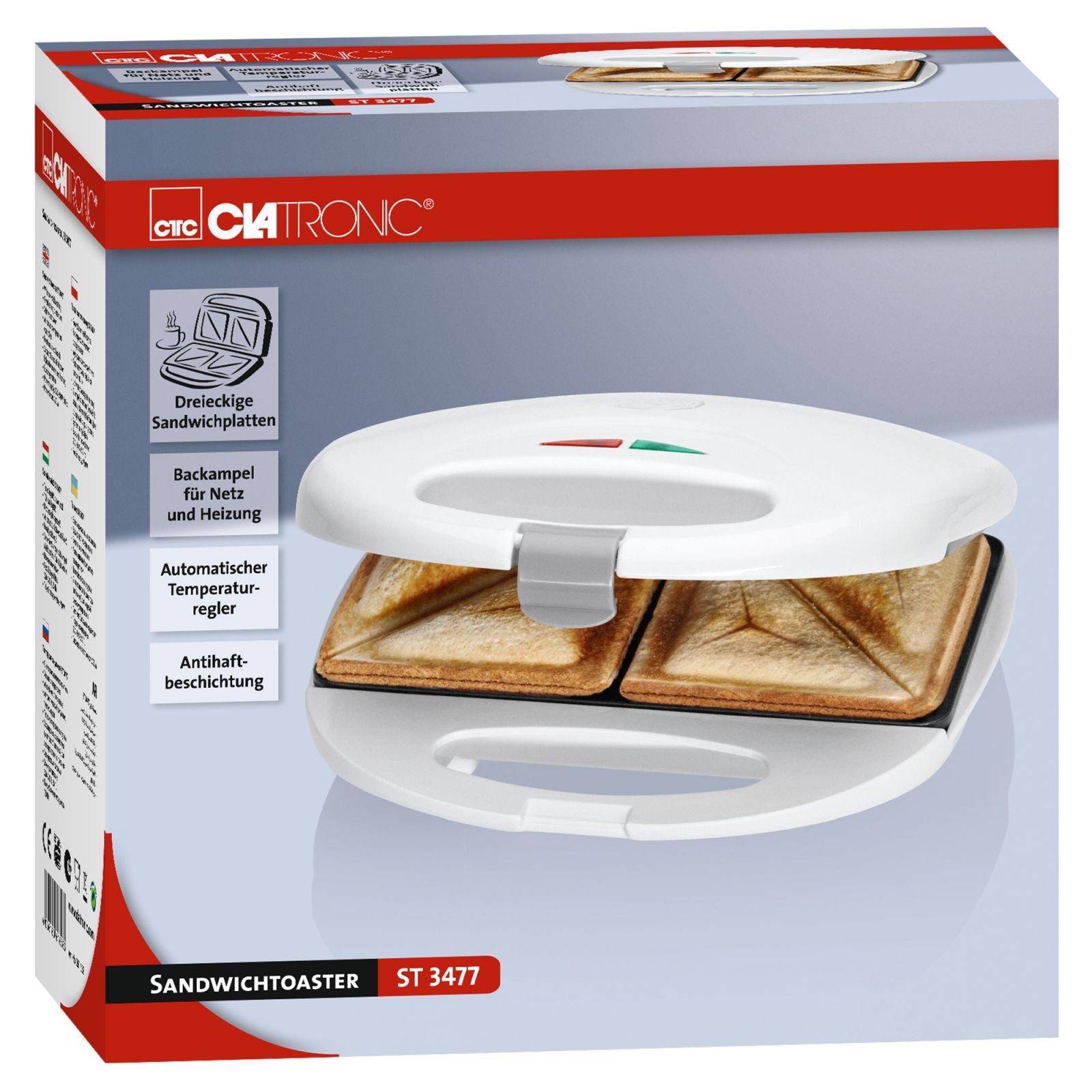 CLATRONIC Sandwichmaker CLATRONIC 2-Scheiben Sandwich-Toaster 750 W Sandwichmaker ST 3477 weiß