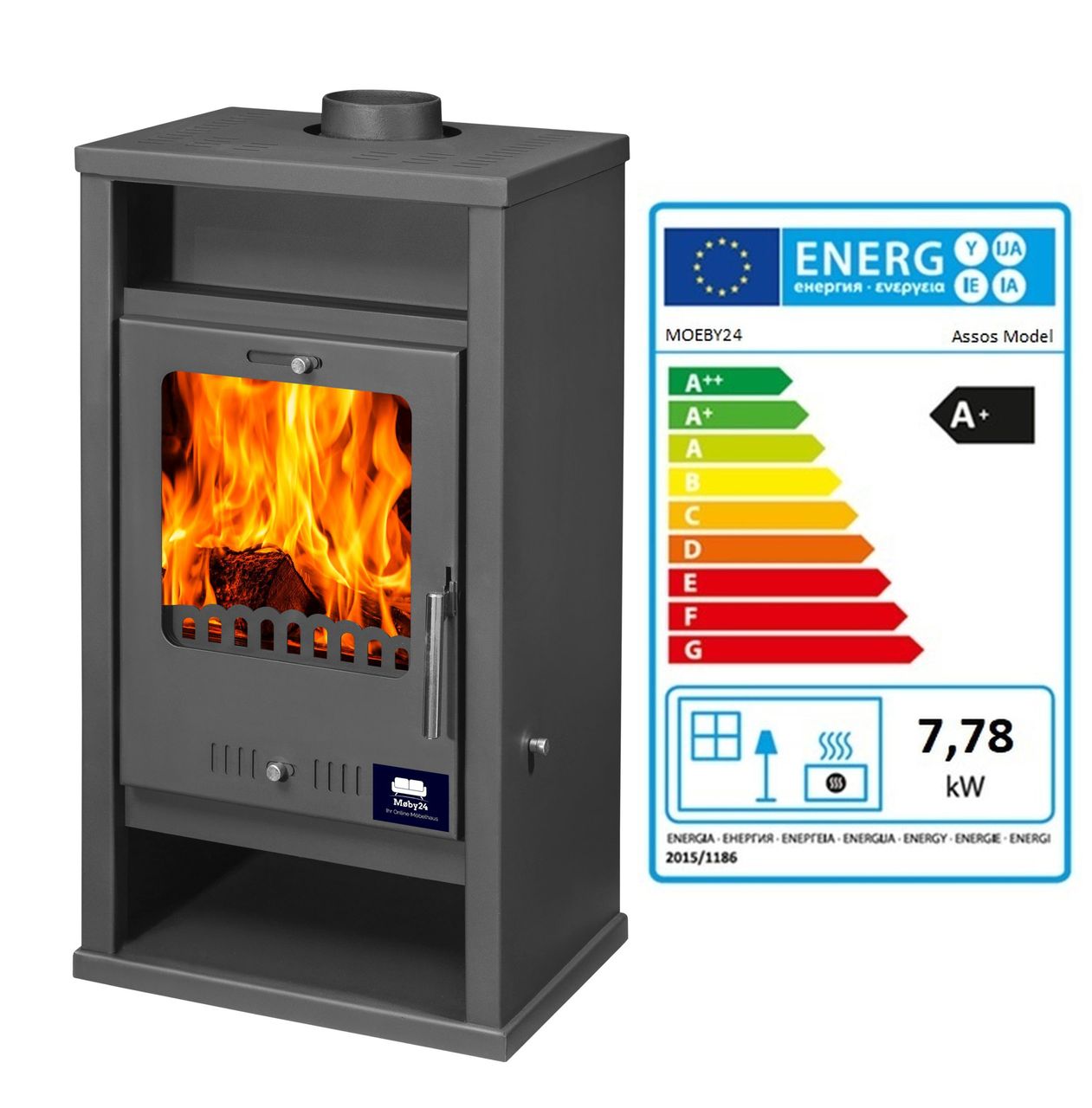 Moeby24 Kaminofen Assos Anthrazit 130mm Rauchrohr 7,78 KW BimSchV 1-2 EEK A
