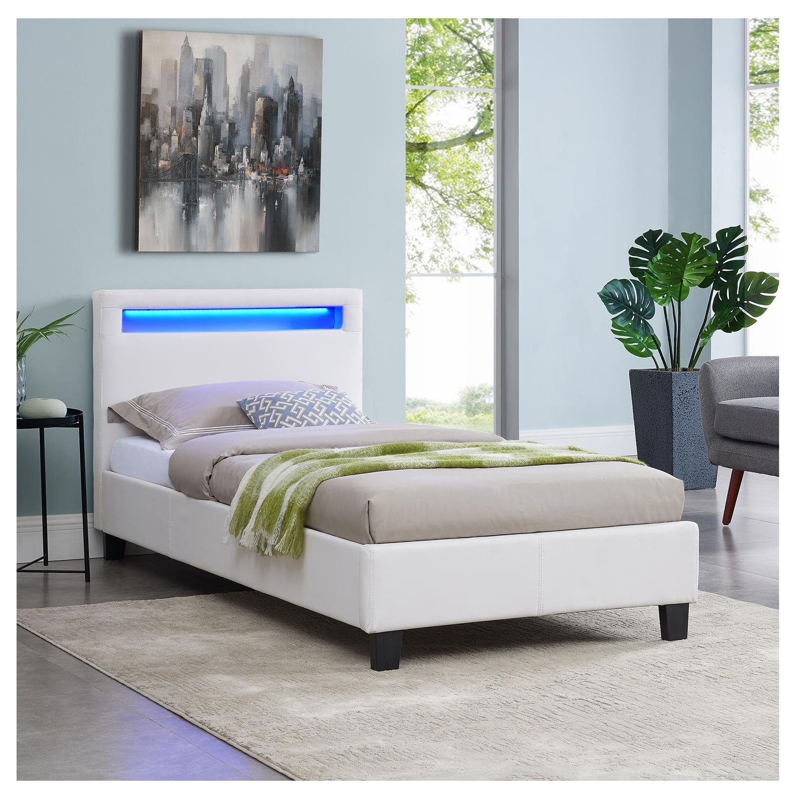 CARO-Möbel Polsterbett MANDALAY, Polsterbett Einzelbett Jugendbett Bettgestell mit LED 90 x 200 cm