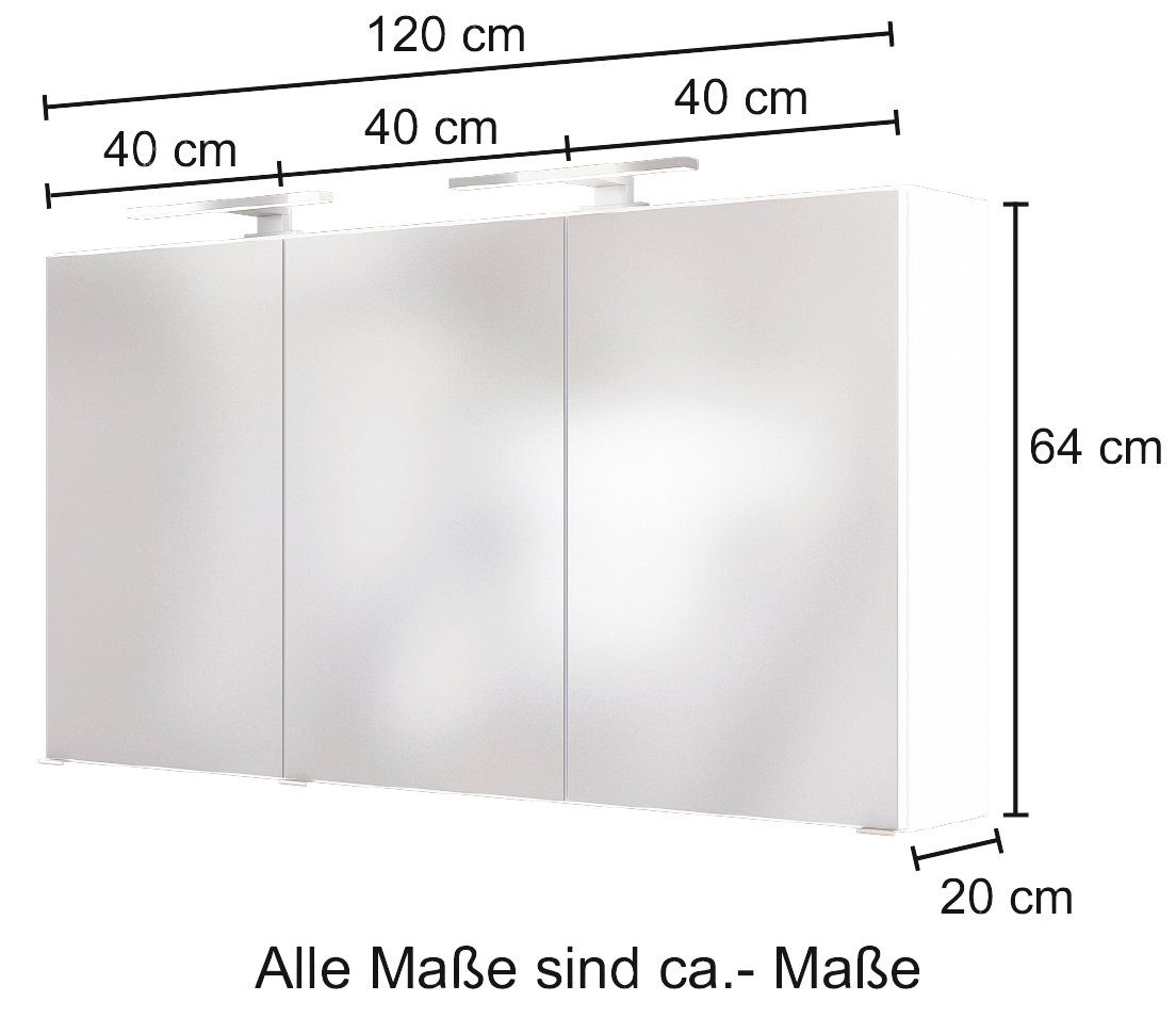 HELD MÖBEL Spiegelschrank Baabe Breite 120 cm, mit 3D-Effekt, dank 3 Spiegeltüren