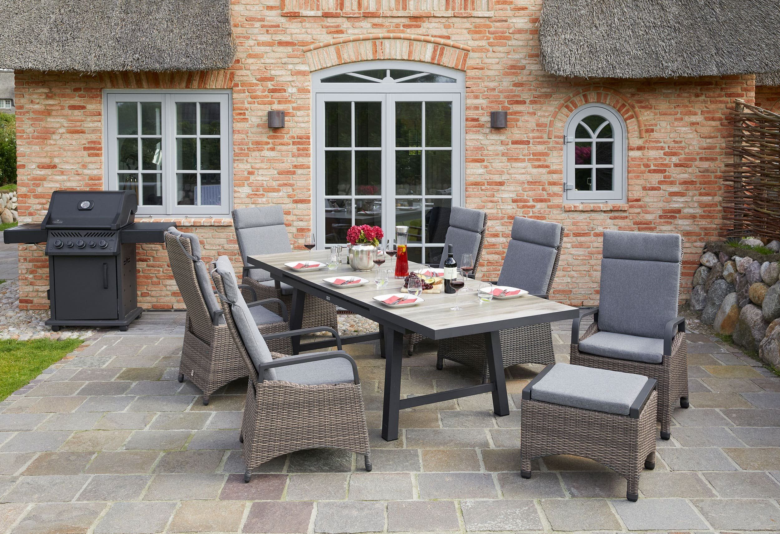 LC Garden Gartenlounge-Hocker LC Garden Komido Dining Hocker omega braun 46x59x47cm Dining Fußbank aus handgeflochtenem Polyrattan inkl. Sitzkissen