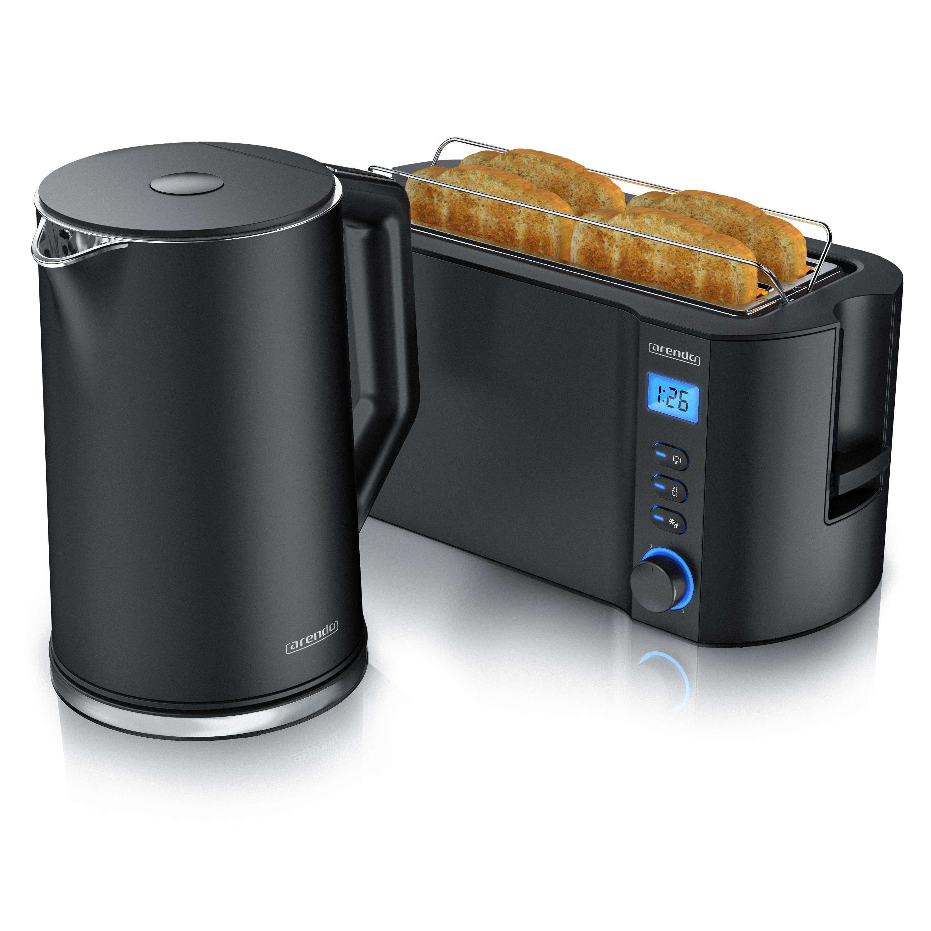 Arendo Frühstücks-Set (2-tlg), Edelstahl Wasserkocher 1,5l, 4-Scheiben Langschlitz Toaster, Schwarz