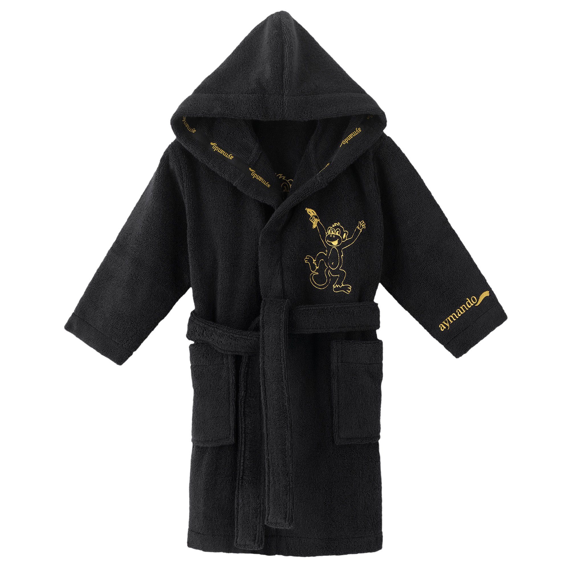 Aymando Kinderbademantel Affe, 117-128, 100% Baumwolle, Kapuze, Gürtel, gold gestickte Tiermotive, Zero Twist Garn, Geschenkverpackung