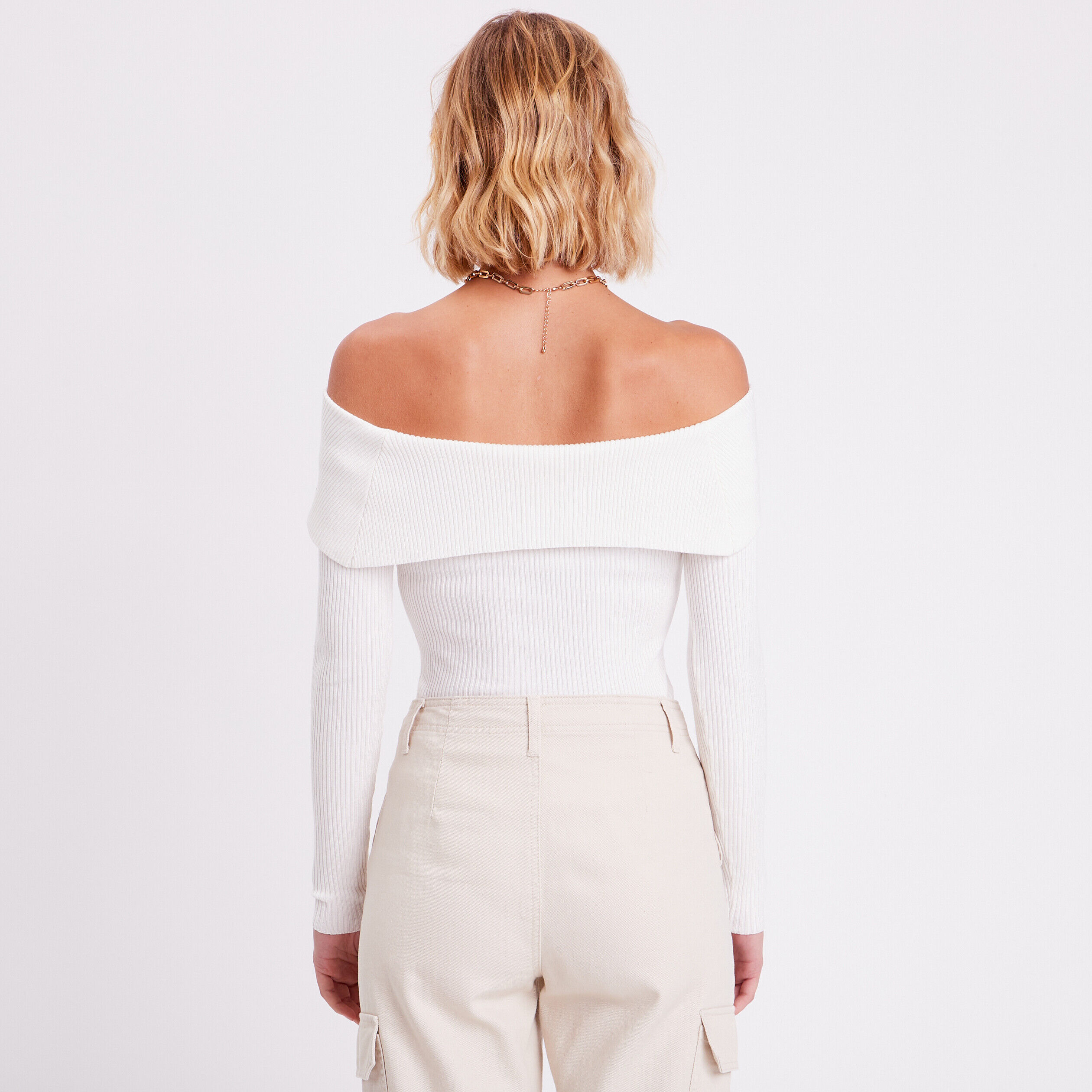 Pull col bardot côtelé ecru femme | Cache Cache