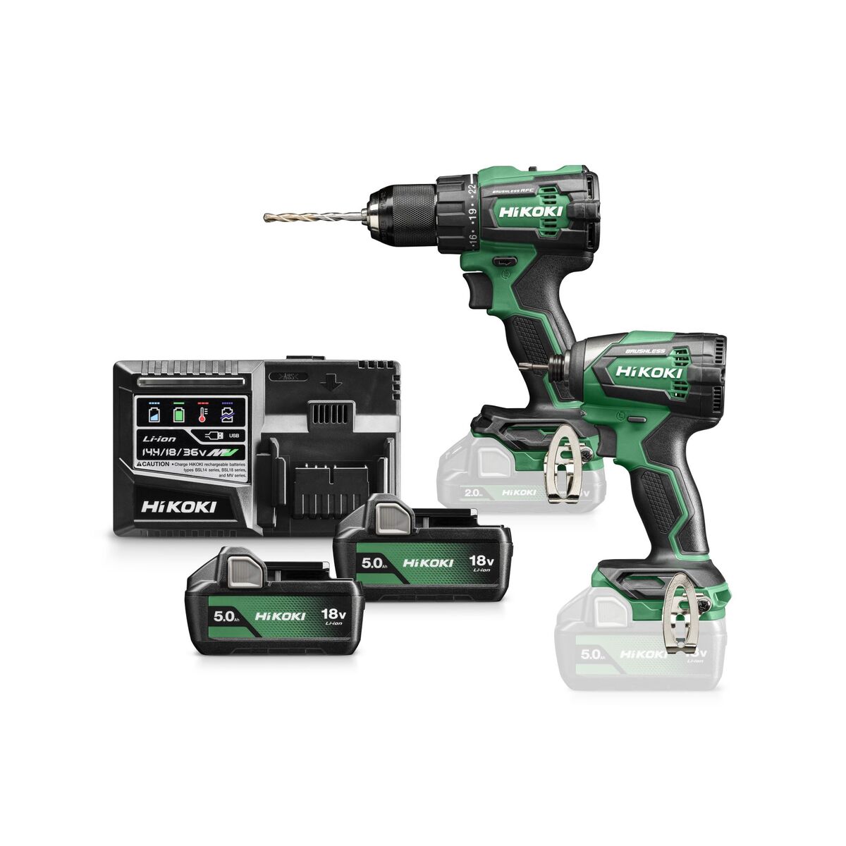 Juego combinado HiKOKI KC18DEWCZ: taladro de impacto inalámbrico DV18DE + destornillador de impacto inalámbrico WH18DE de 18 V y 5,0 Ah con batería de iones de litio en HSC III.