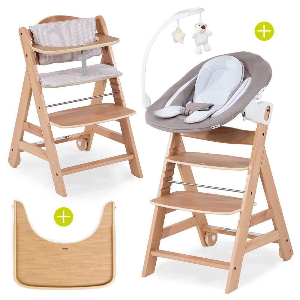 Hauck Hochstuhl Beta Plus Natur - Newborn Set Deluxe (Set, 5 St), Holz Babystuhl ab Geburt, Aufsatz für Neugeborene, Sitzkissen, Tisch