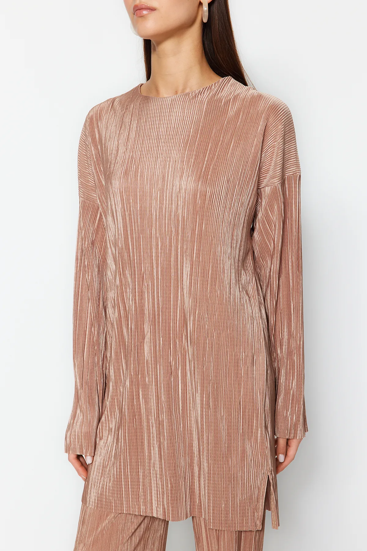 Trendyol Modest  Hellbraunes, plissiertes, gewebtes Oberteil-Unterteil-Set TCTSS24US00007