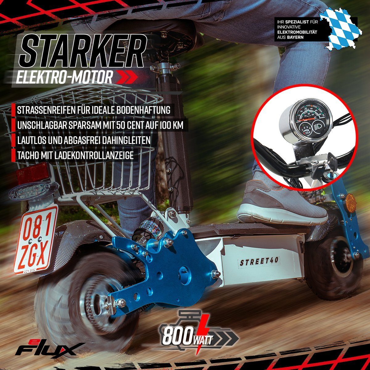 eFlux E-Scooter Street 40 Elektro Roller mit Straßenzulassung klappbar, 800,00 W, 35 km/h, (1 tlg), Scooter - bis 30 km Reichweite - Gepäckkorb - 36 Volt 12 Ah Akku