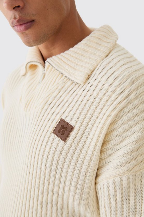 Gerippter Strick-Pullover mit 1/4 Reißverschluss und Trichterkragen