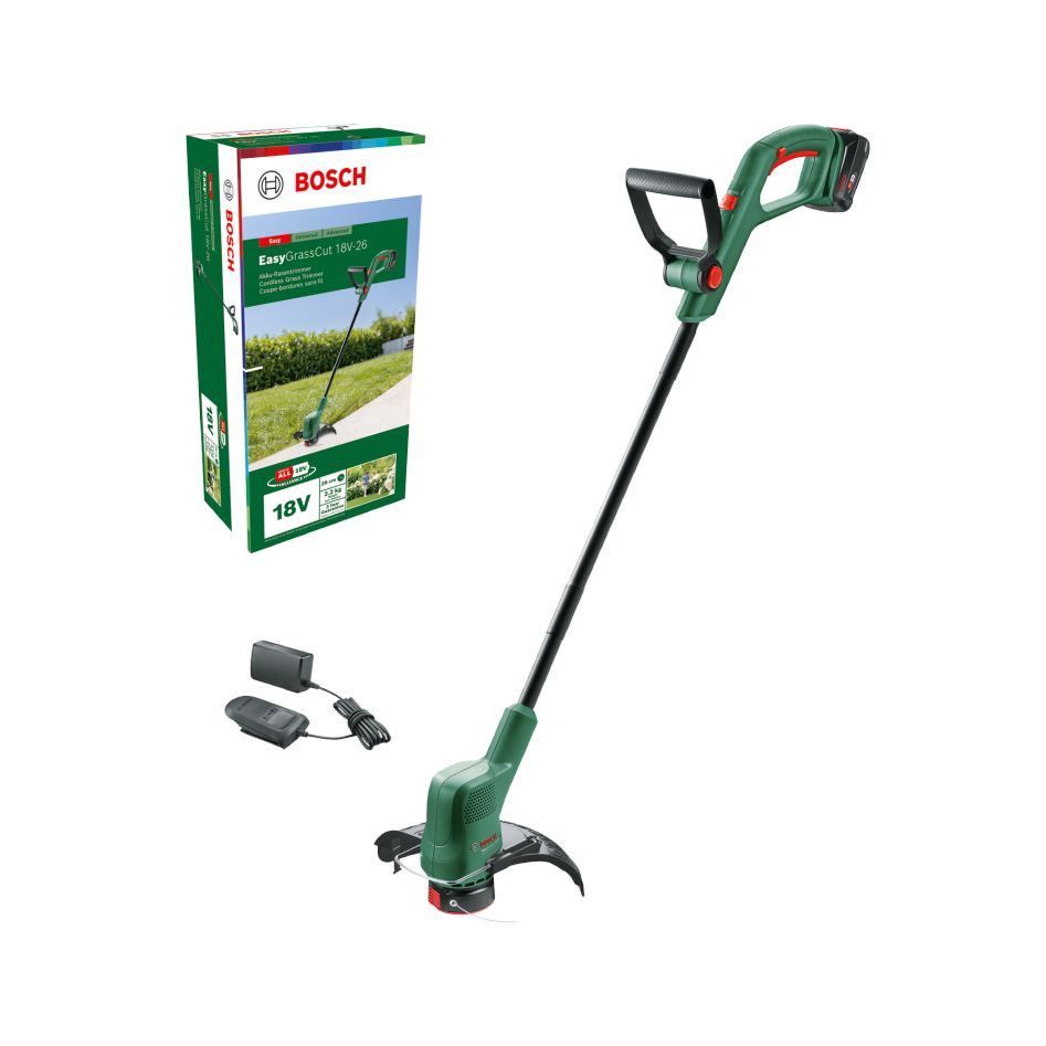 „Bosch Green 06008C1C03 EasyGrassCut 18V-26“ akumuliatorinis žoliapjovės rinkinys, 1 x 18 V 2,5 Ah ir AL1830CV įkroviklis dėžutėje