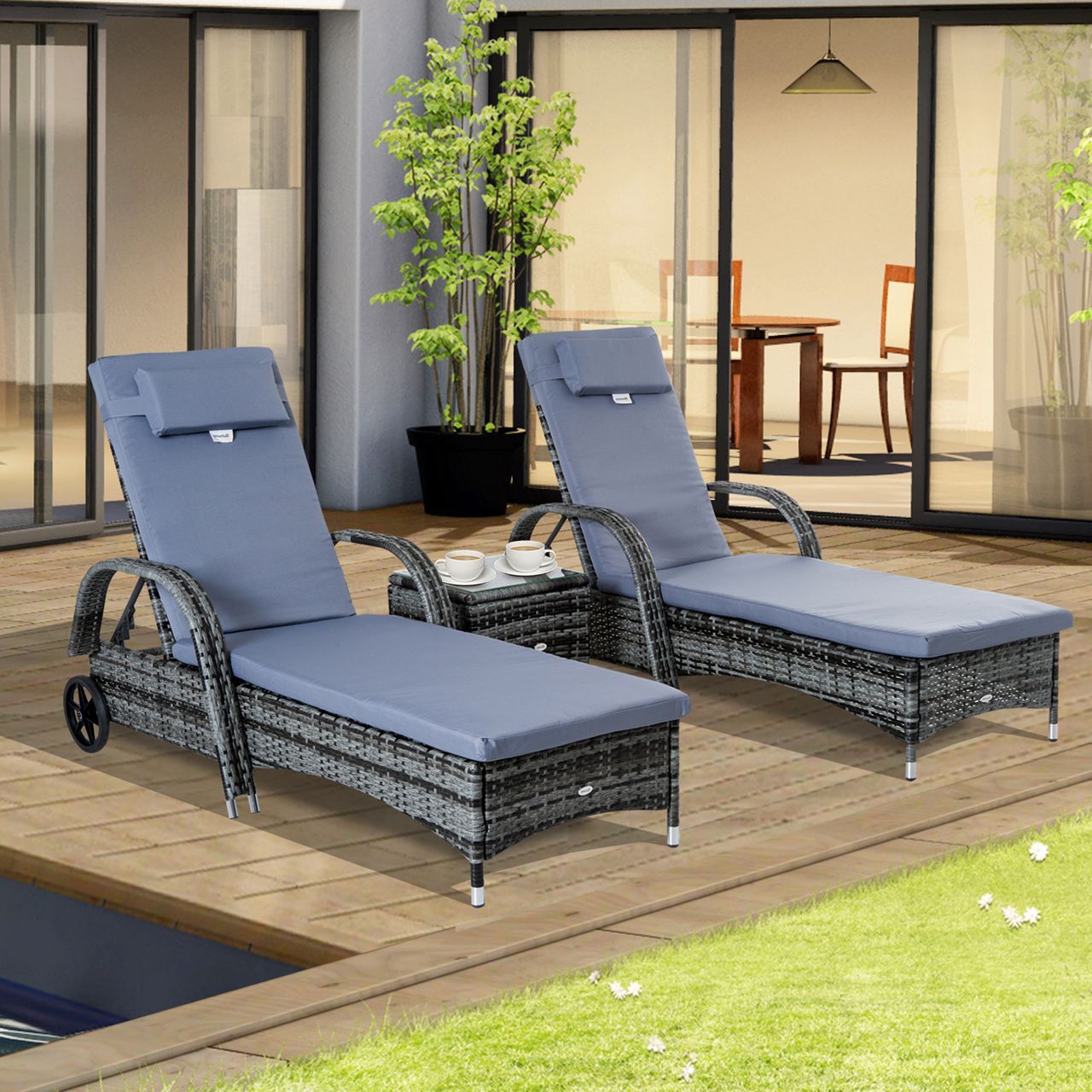 Outsunny Sonnenliege Gartenliege Tisch 3er Set Gartenmöbel Polyrattan Grau