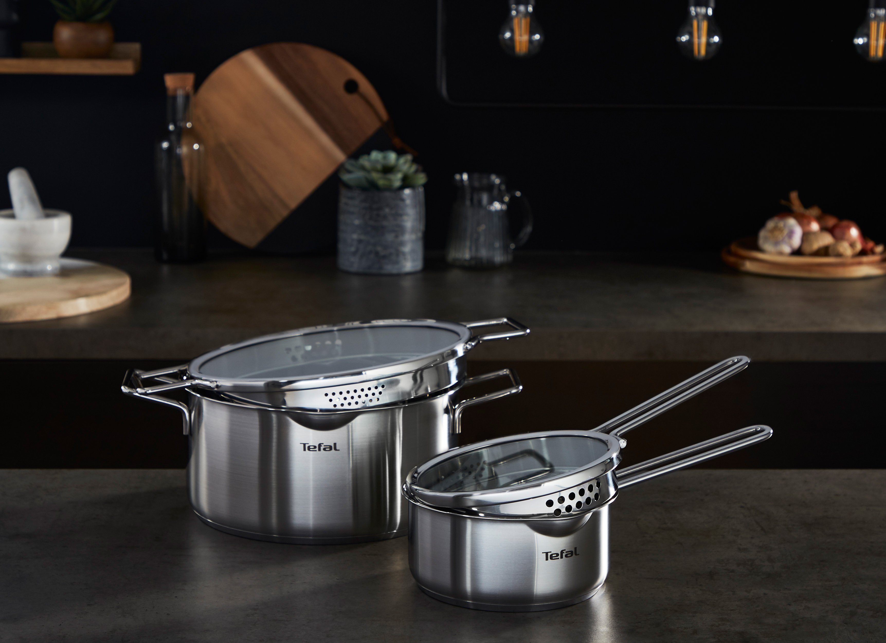 Tefal Topf-Set Nordica, Edelstahl (6-tlg), mit Deckel, nordisches Design, Ausgießer, Doppelgriff, Induktion