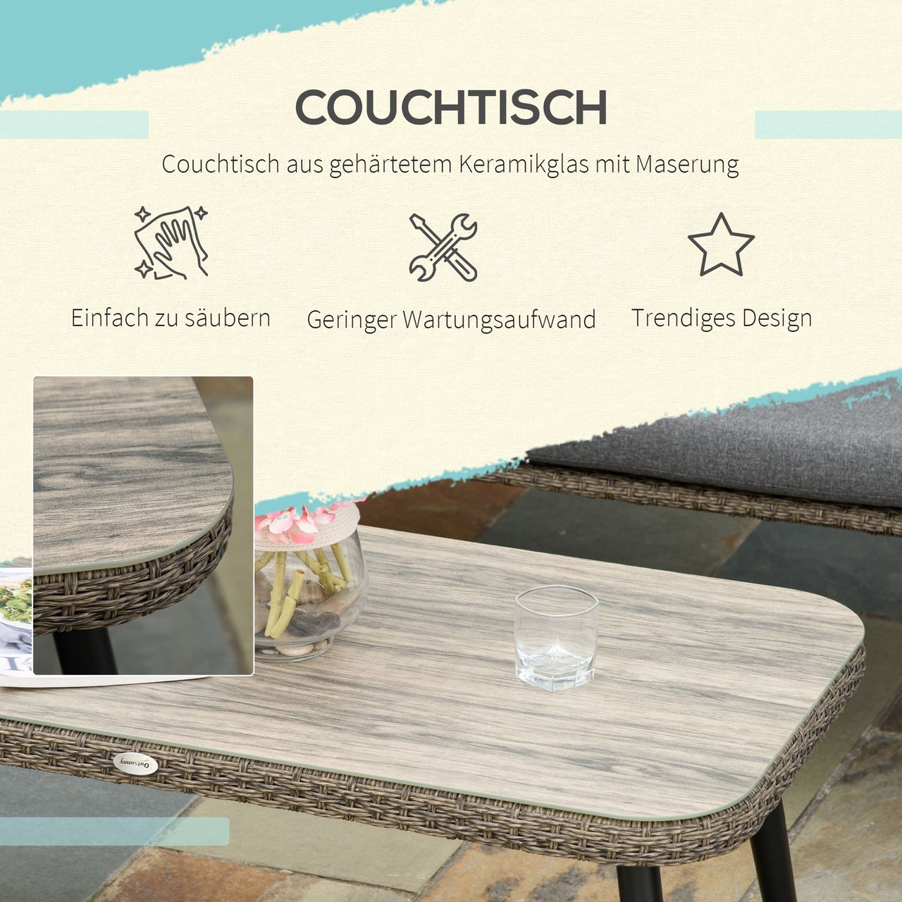 Outsunny Polyrattan Gartenmöbel Set 4-teiliges Rattensofa-Set Sitzgruppe Sitzgarnitur für Pause Lounge Teetisch mit Sofa Kissen Stahl Braun Grau