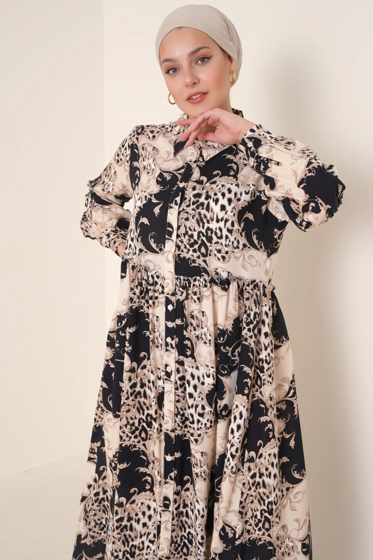 Bigdart  Schwarzes Kleid mit Hijab-Muster und Hemdkragen für Damen