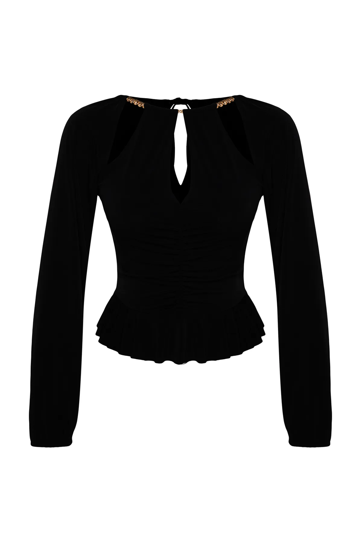 Trendyol Collection  Schwarze Strickbluse mit Fenster/Ausschnitt und detailliertem Accessoire TPRAW24BZ00053