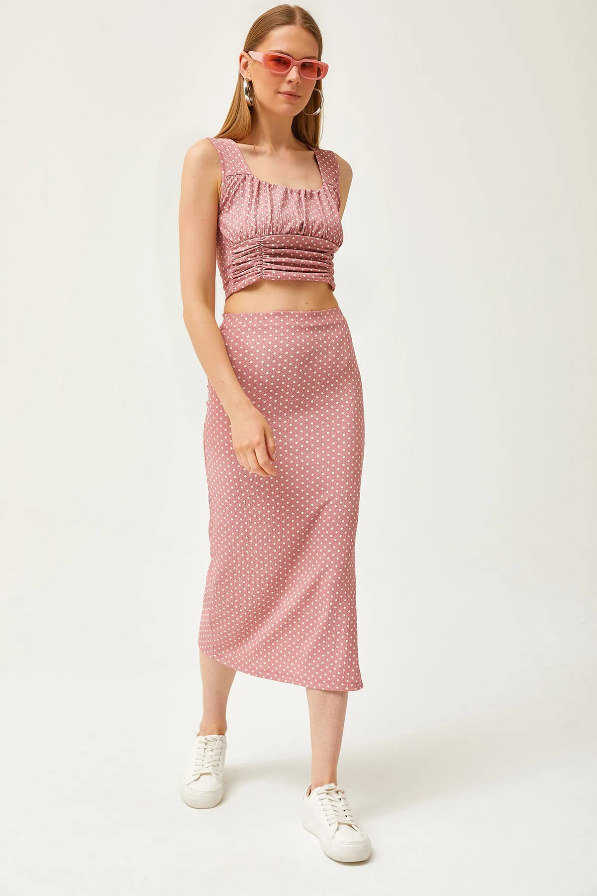 Olalook  Damen Getrocknete Rose Polka Dot Top Bluse Unterrock Strickunterteil Top Set TKM-19000281