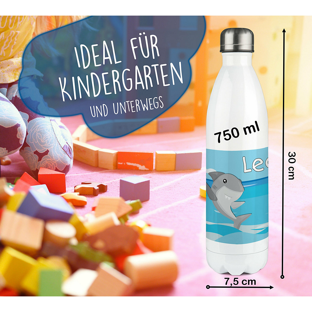 Edelstahl Kinder Thermoflasche / Trinkflasche bunt Hai Spülmaschinenfest, Auslaufsicher, Bruchfest, Doppelwandig, Für Heißgetränke geeignet, Mit Deckel, Isoliert